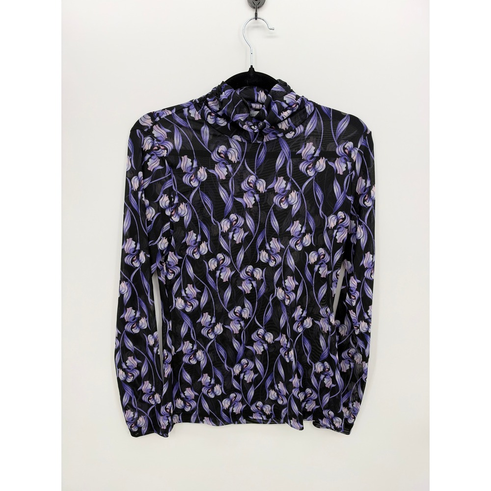 WHBM Purple Iris Floral Mesh Mock Neck Top Small Black Grunge Festival Boho Art